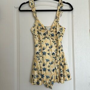 Allover Floral Print Ruched Front Ruffle Trim Cami Bodysuit